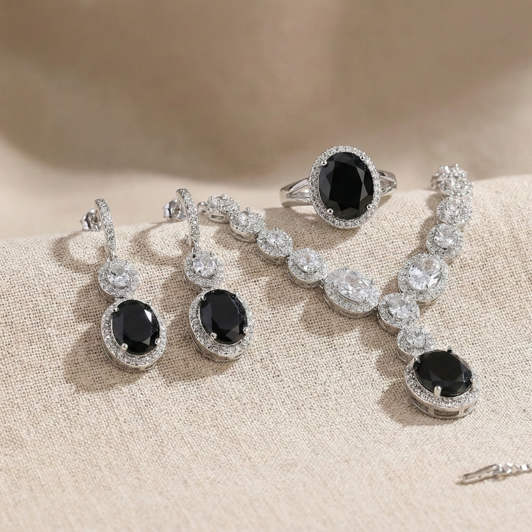 Midnight Black Oval Halo Silver Jewelry Set